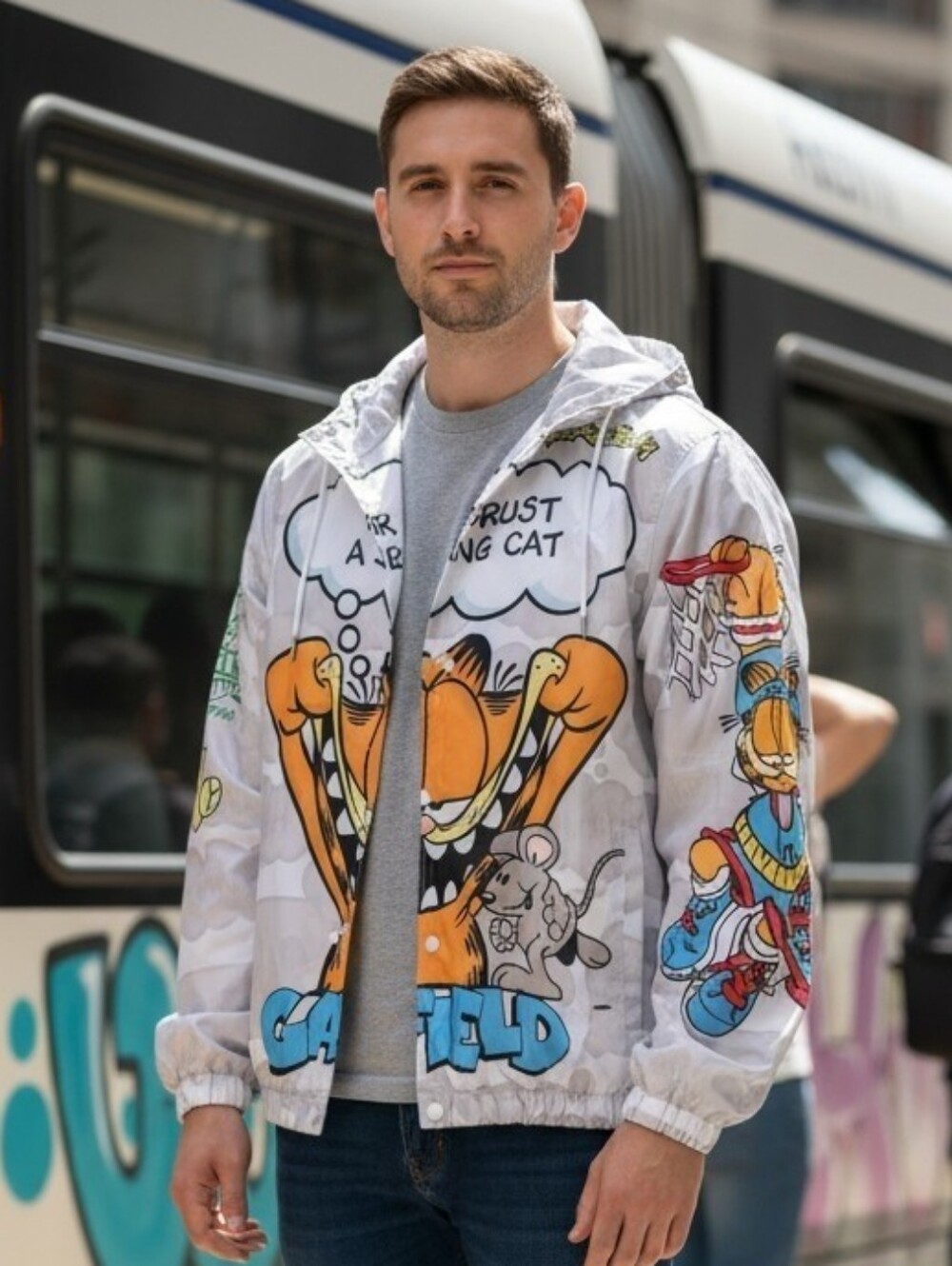 NWT Members Only White Garfield Graphic Hooded Windbreaker Large